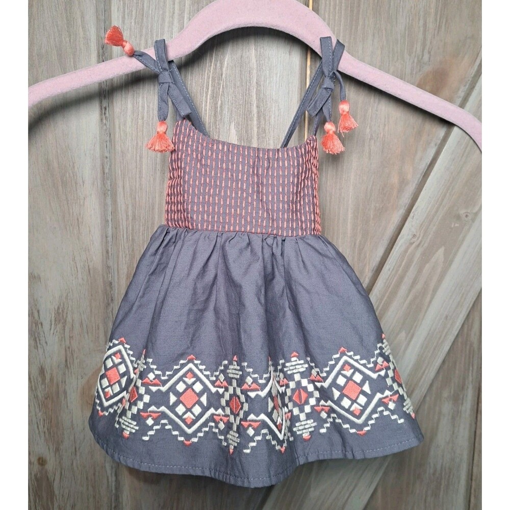 Lulurain Baby Dress 0-3 Months Gray Geometric Embroidered Tassels Bows Boho